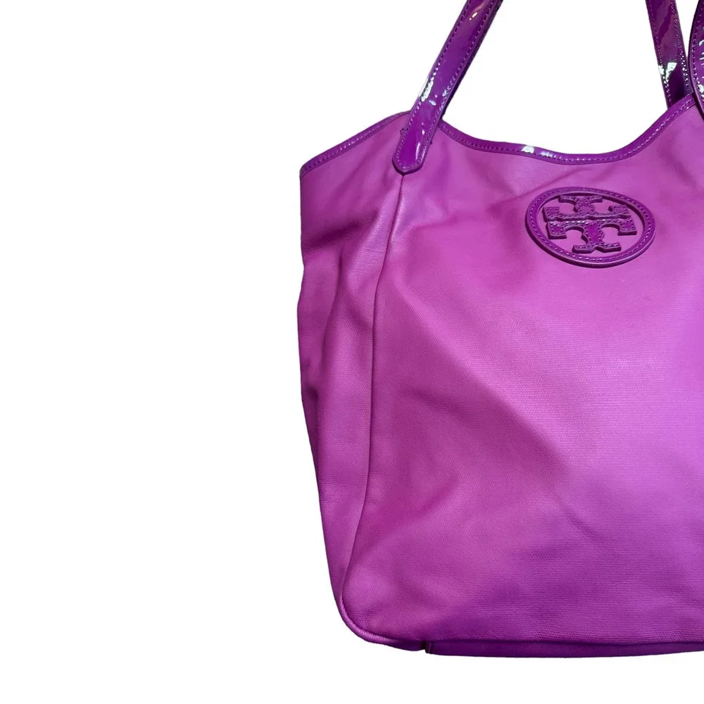 Tory Burch Purple Logo Coated Canvas Tote Bag Hobo - Picture 2 of 9